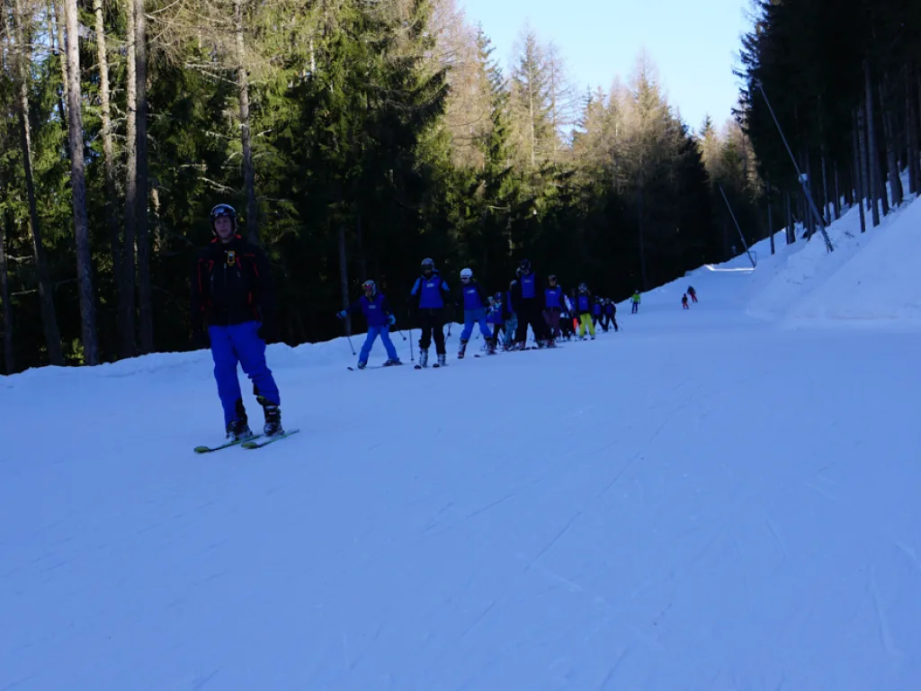 Skifahrende fahren hintereinander die Waldpiste hinunter.